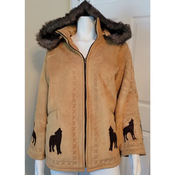 VTG Coldwater Creek Faux Suede Coat Wolves Embroidered Fur Hood Sze PL Full Zip - Picture 1 of 10